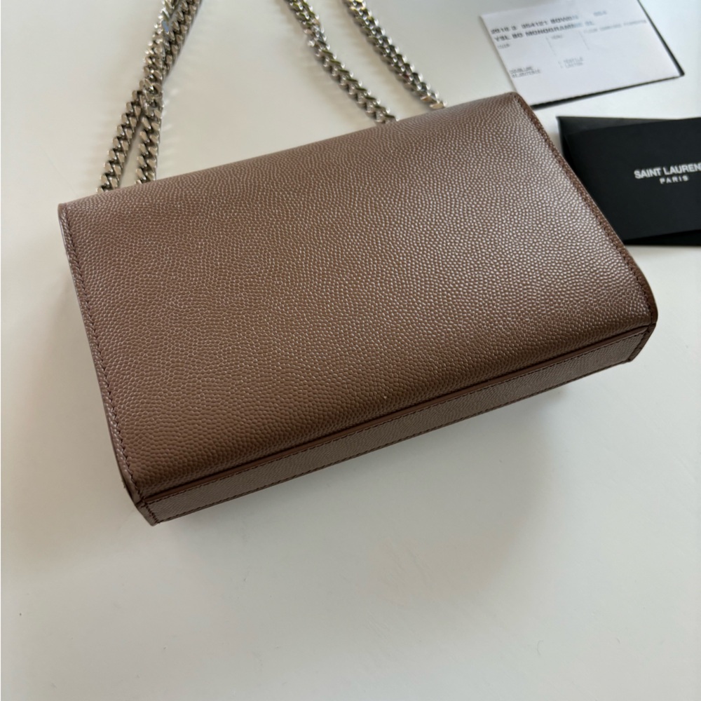 YSL Small Kate Leather Chain Flap Bag Grained Crossbody Taupe Brown Fleur - Picture 4 of 13